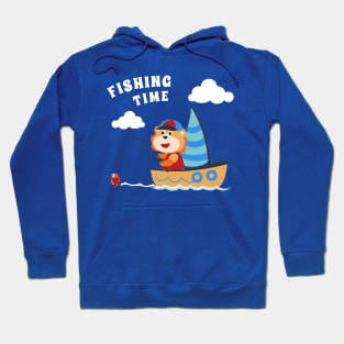 Vector cartoon illustration of cute lion fishing on sailboat with cartoon style. Hoodie